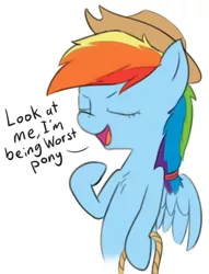 Size: 449x589 | Tagged: safe, artist:zippysqrl, derpibooru import, rainbow dash, pegasus, pony, accessory swap, applejack's hat, bipedal, cowboy hat, dialogue, drama bait, eyes closed, female, hat, hoof hold, mare, open mouth, pointing, rainbow douche, rope, smiling, solo, speech, talking, worst pony