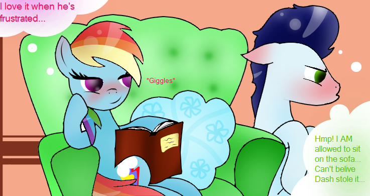 Size: 737x390 | Tagged: safe, artist:rainbows-in-reality, derpibooru import, rainbow dash, soarin', pony, blushing, couch, female, jealous soarin', male, reading, shipping, soarindash, straight