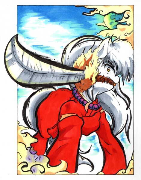 Size: 2122x2706 | Tagged: safe, artist:aerostoner, derpibooru import, ponified, pony, crossover, fire rat robe, inuyasha, inuyasha (character), tessaiga, tetsusaiga