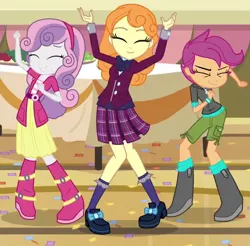 Size: 630x620 | Tagged: safe, derpibooru import, screencap, orange sherbette, scootaloo, sweetie belle, equestria girls, friendship games, background human, clothes, club can't handle me, cropped