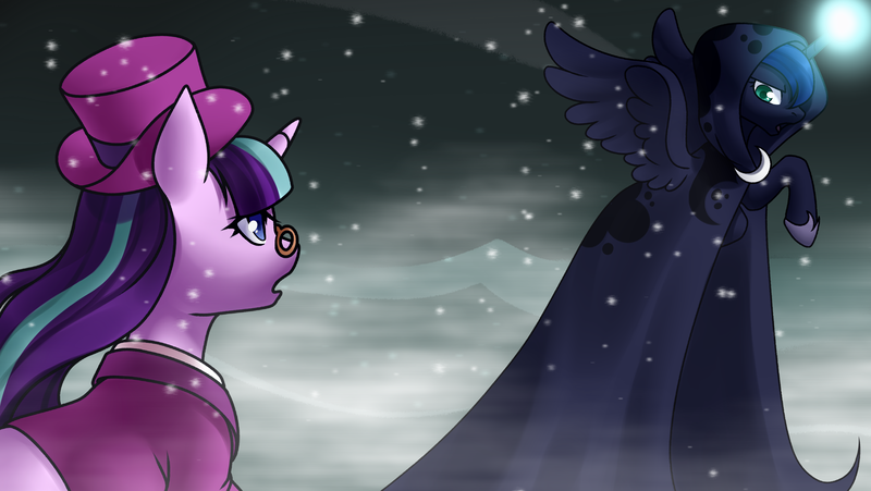 Size: 3200x1803 | Tagged: a hearth's warming tail, artist:ponyinsideme, cloak, clothes, dead source, derpibooru import, magic, princess luna, safe, snow, snowfall, snowfall frost, spirit of hearth's warming yet to come, starlight glimmer