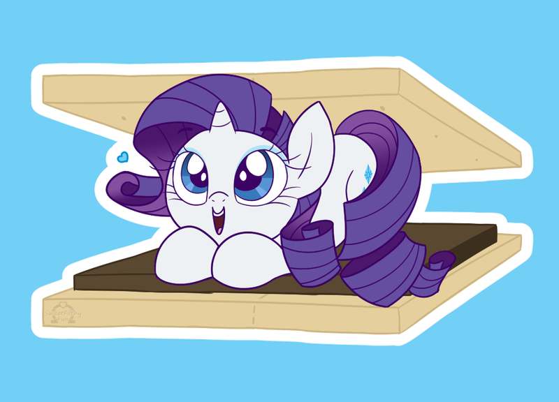 Size: 1028x740 | Tagged: safe, artist:sweetfilthyfun, derpibooru import, rarity, pony, unicorn, cute, female, food, heart, marshmallow, open mouth, rarara, raribetes, rarity is a marshmallow, s'mores, solo