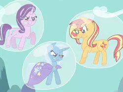 Size: 2048x1536 | Tagged: safe, artist:kindheart525, derpibooru import, starlight glimmer, sunset shimmer, trixie, pony, unicorn, angry, bubble, counterparts, in bubble, magical trio, twilight's counterparts