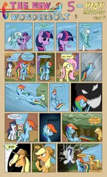 Size: 1280x2123 | Tagged: safe, artist:marmorexx, derpibooru import, applejack, fleetfoot, fluttershy, pinkie pie, rainbow dash, soarin', twilight sparkle, twilight sparkle (alicorn), alicorn, pony, comic:the new wonderbolt, cloud, comic, lightning