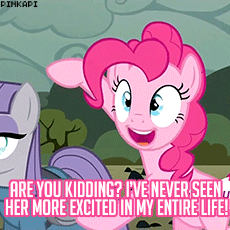 Size: 230x230 | Tagged: safe, derpibooru import, edit, edited screencap, screencap, maud pie, pinkie pie, earth pony, pony, maud pie (episode), animated, caption, duo, episode quote, female, image macro, mare, maud being maud, meme, pinkie being pinkie, siblings, sisters, text