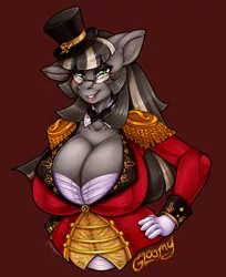 Size: 814x1000 | Tagged: suggestive, artist:commission mission, derpibooru import, oc, oc:gloomy (ic), unofficial characters only, anthro, earth pony, anthro oc, big breasts, breasts, cleavage, female, glasses, hand on hip, huge breasts, ring master, simple background, solo, solo female