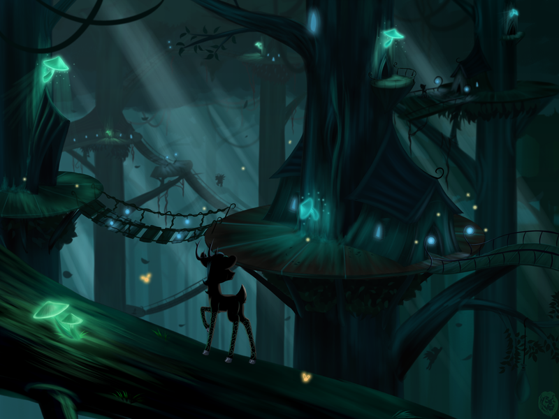 Size: 2800x2100 | Tagged: artist:sirzi, bridge, canopy, cervine, dark, deer, deer oc, deer pony, derpibooru import, firefly (insect), forest, glow, glowing mushroom, insect, mushroom, oc, original species, peryton, raised hoof, safe, scenery, shade, tattoo, tree, treehouse, unofficial characters only, village, vitrung