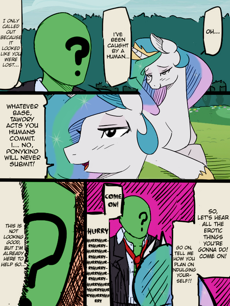 Size: 600x800 | Tagged: a friendly orc's daily life, aren't you going to ravish me?, artist:jalm, comic, derpibooru import, female, femsub, human, human fetish, oc, oc:anon, parody, princess celestia, questionable, right to left, sublestia, submissive