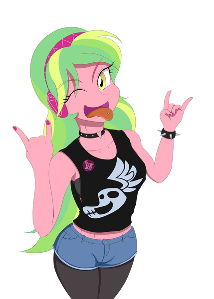 Size: 2505x3500 | Tagged: safe, artist:janji009, derpibooru import, lemon zest, equestria girls, friendship games, armpits, bra, choker, clothes, devil horn (gesture), midriff, one eye closed, piercing, rock on, shorts, solo, tanktop, tongue out, tongue piercing, underwear, wink