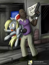 Size: 1025x1361 | Tagged: artist:rule1of1coldfire, coach (l4d2), crossover, cyrillic, derpibooru import, derpy hooves, gun, human, left 4 dead, left 4 dead 2, russian, safe, weapon