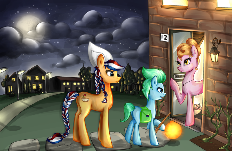 Size: 2362x1535 | Tagged: safe, artist:yuntaoxd, derpibooru import, oc, oc:ember, oc:glace (hwcon), unnamed oc, unofficial characters only, earth pony, pony, bag, colt, dutch, dutch cap, female, hat, hearth's warming con, lantern, male, mare, mascot, netherlands, night, paper lantern, saddle bag