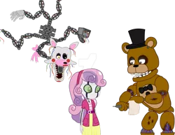 Size: 1017x786 | Tagged: safe, artist:apony4u, derpibooru import, sweetie belle, robot, equestria girls, crossover, five nights at freddy's, freddy fazbear, hidden image, mangle, simple background, sweetie bot, transparent background, vector