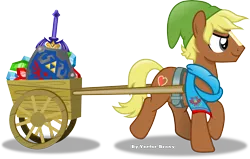Size: 5052x3215 | Tagged: safe, artist:vector-brony, derpibooru import, quarter hearts, ponified, earth pony, pony, flutter brutter, absurd resolution, blaze (coat marking), cart, clothes, harness, hat, hylian shield, hyrule warriors, link, master sword, raised hoof, rupee, scarf, shadow, shield, simple background, solo, sword, tack, the legend of zelda, transparent background, trotting, vector, weapon