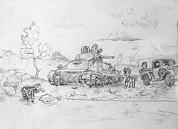 Size: 1024x747 | Tagged: safe, artist:agm, derpibooru import, earth pony, pony, car, monochrome, pickup truck, tank (vehicle), traditional art