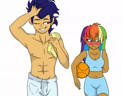 Size: 1024x811 | Tagged: safe, artist:colourstrike, derpibooru import, rainbow dash, soarin', human, armpits, bare chest, belly button, blushing, clothes, crush, female, humanized, male, midriff, partial nudity, shipping, soarindash, sports bra, straight, topless