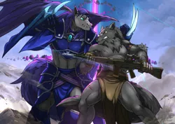 Size: 1300x919 | Tagged: safe, artist:link2004, derpibooru import, oc, oc:au hasard, unofficial characters only, anthro, bat pony, unguligrade anthro, wolf, abs, anthro oc, armor, claws, fight, furry, gun, helmet, h&k g3, male, muscles, night guard, rifle, royal guard, solo, stallion, unconvincing armor, weapon