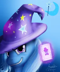 Size: 1000x1200 | Tagged: safe, artist:misiekpl, derpibooru import, trixie, pony, unicorn, card, clothes, female, hat, looking at you, magic, mare, signature, solo, trixie's hat