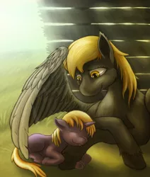 Size: 1024x1210 | Tagged: safe, artist:fatninjah, derpibooru import, derpy hooves, dinky hooves, pegasus, pony, crepuscular rays, equestria's best mother, female, hug, leg hug, mare, prone, sleeping, unshorn fetlocks