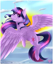 Size: 1500x1804 | Tagged: safe, artist:pillonchou, derpibooru import, twilight sparkle, twilight sparkle (alicorn), alicorn, pony, butt, cloud, cute, flying, looking back, plot, sky, solo, sun, twiabetes