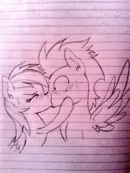 Size: 480x640 | Tagged: safe, artist:janadashie, derpibooru import, rainbow dash, soarin', pony, blushing, cute, female, kissing, lined paper, male, monochrome, shipping, sketch, soarindash, straight, traditional art