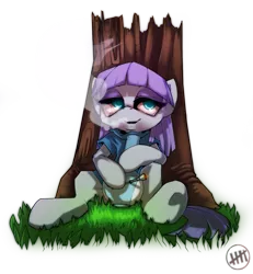 Size: 1181x1279 | Tagged: artist:affanita, bong, derpibooru import, drugs, grass, high, lidded eyes, marijuana, maudiajuana, maud pie, maud pie (episode), partial background, safe, sitting, solo, stoned, tree, under the tree