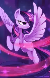 Size: 681x1053 | Tagged: safe, artist:pepooni, derpibooru import, twilight sparkle, twilight sparkle (alicorn), alicorn, pony, female, flying, looking back, magic, mare, solo, spread wings, wings
