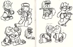 Size: 3006x1962 | Tagged: safe, artist:bobthedalek, derpibooru import, oc, oc:mixed melody, oc:octavia's father, oc:octavia's mother, oc:ostinato melody, unofficial characters only, earth pony, pony, bathrobe, clothes, crossdressing, dress, golf club, lumberjack, monochrome, robe, suit