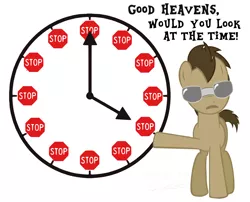 Size: 1510x1220 | Tagged: safe, artist:chopsticks, derpibooru import, doctor whooves, time turner, pony, filthy frank, it's time to stop, just look at the time, look at the time, male, meme, reaction image, stallion, stop sign, sunglasses