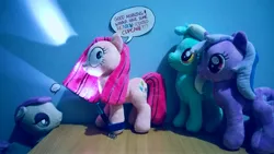 Size: 4128x2322 | Tagged: ..., artist:onlyfactory, bootleg, derpibooru import, flashlight (object), irl, lyra heartstrings, maud pie, photo, pinkamena diane pie, pinkie pie, plushamena, plushie, safe, seafoam, sea swirl, speech bubble