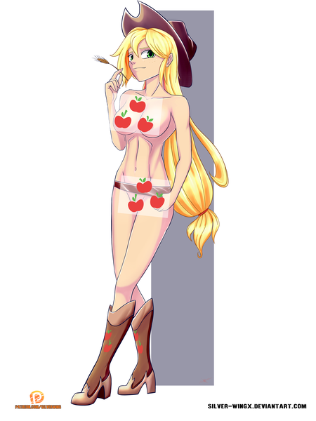 Size: 1500x2000 | Tagged: questionable, artist:silver-wingx, derpibooru import, applejack, equestria girls, applejack's hat, belly button, belt, boots, breasts, censored, clothes, cowboy boots, cowboy hat, crossed legs, female, hat, haystick, human coloration, nudity, shoes, solo, solo female, stetson