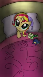 Size: 720x1280 | Tagged: safe, artist:tsundra, derpibooru import, sunset shimmer, pony, unicorn, bed, cute, female, filly, filly sunset shimmer, hat, hnnng, nightcap, peridot (steven universe), shimmerbetes, solo, steven universe, weapons-grade cute, younger