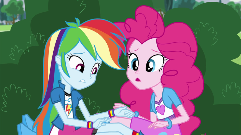 Size: 1280x720 | Tagged: safe, derpibooru import, screencap, pinkie pie, rainbow dash, equestria girls, friendship games, pinkie spy (short), balloon, boots, bracelet, clothes, high heel boots, jewelry, shoes, skirt