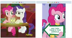 Size: 516x278 | Tagged: and then there's rarity, and then there's this asshole, derpibooru, derpibooru import, edit, edited screencap, exploitable meme, juxtaposition, meme, meta, pinkie pie, pinkie pie's sign, rarity, safe, screencap, sign, spice up your life