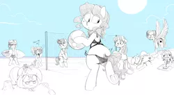 Size: 2698x1480 | Tagged: suggestive, artist:whydomenhavenipples, derpibooru import, oc, oc:becky brown, oc:kahuna, oc:keith, oc:lavender (neighday), oc:mal, oc:melon shine, oc:nikita, oc:righty tighty, oc:wave horizon, unofficial characters only, crab, earth pony, pegasus, pony, unicorn, beach, beach ball, beauty mark, bikini, blushing, butt, clothes, cloud, dialogue, drawing, embarrassed, eyes closed, female, freckles, glasses, male, mare, open mouth, plot, sand, shirt, sky, smiling, sports, stallion, sun, surfboard, swimsuit, tongue out, towel, underhoof, volleyball, wardrobe malfunction, wet