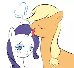 Size: 1148x1066 | Tagged: suggestive, artist:yuwentaiji, derpibooru import, applejack, rarity, :<, blushing, embarrassed, eyes closed, female, horn, hornjob, lesbian, licking, magic, offscreen rarijack, open mouth, rarijack, shipping, smiling, tongue out