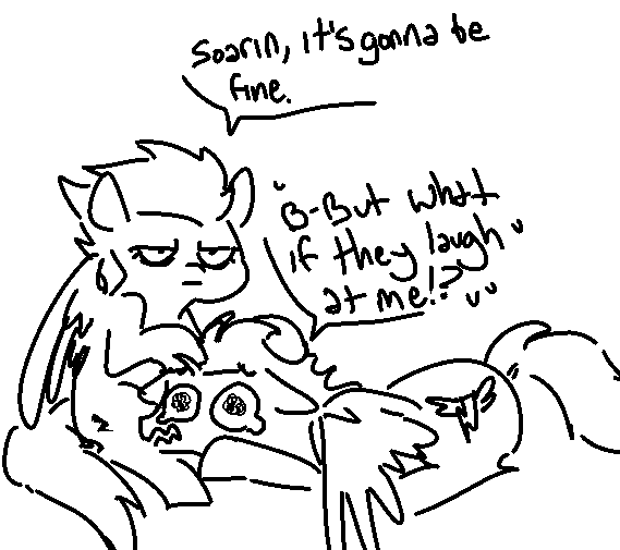 Size: 569x505 | Tagged: safe, artist:nobody, derpibooru import, soarin', spitfire, pony, comforting, crying, dialogue, monochrome, scared, stage fright, unamused, wavy mouth