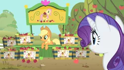 Size: 1280x720 | Tagged: safe, derpibooru import, screencap, applejack, fluttershy, rarity, pony, green isn't your color, apple, food, rarity looking at food
