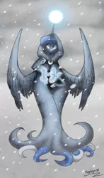 Size: 1000x1700 | Tagged: artist:kerorolover16, cloak, clothes, derpibooru import, glowing eyes, magic, princess luna, safe, snow, snowfall, solo, spirit of hearth's warming yet to come, spread wings, wings