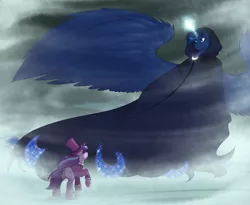 Size: 1023x840 | Tagged: a hearth's warming tail, artist:shini951, blizzard, cloak, clothes, derpibooru import, impossibly large wings, large wings, magic, princess luna, raised hoof, safe, scene interpretation, snow, snowfall, snowfall frost, spirit of hearth's warming yet to come, spread wings, starlight glimmer, wind, wings