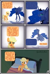 Size: 3254x4837 | Tagged: safe, artist:gutovi, derpibooru import, applejack, princess luna, pony, comic:why me!?, absurd resolution, bed, comic, dream, dreamscape