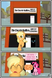 Size: 3254x4837 | Tagged: suggestive, artist:gutovi, derpibooru import, applejack, pinkie pie, pony, comic:why me!?, applepie, cinema, comic, female, lesbian, shipping, shipping denied