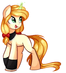 Size: 548x604 | Tagged: artist:daydreamsyndrom, bow, cuffs (clothes), derpibooru import, glowing horn, hair bow, horn, magic, missing cutie mark, oc, oc:vive, pixel art, safe, simple background, solo, transparent background, unofficial characters only