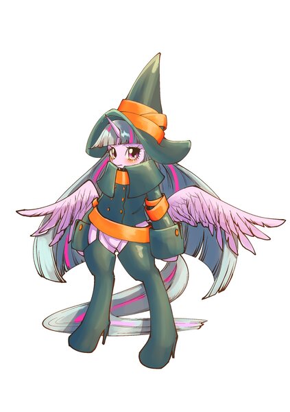 Size: 2039x2894 | Tagged: safe, artist:unousaya, derpibooru import, twilight sparkle, twilight sparkle (alicorn), alicorn, pony, semi-anthro, blushing, butt wings, clothes, hat, solo, wings, witch hat