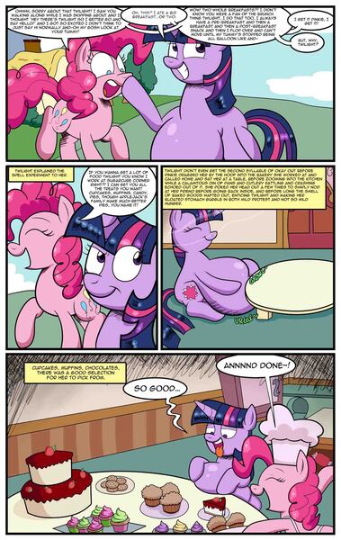 Size: 1250x1979 | Tagged: artist:expansioncreations, belly, big belly, boop, cake, chef's hat, comic, comic:twilight's expanded spell repertoire, cookie, cupcake, derpibooru import, fat, feeding, food, hat, muffin, obese, pinkie pie, questionable, stomach noise, twilight sparkle, weight gain, weight gain spell