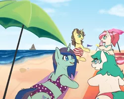 Size: 3000x2400 | Tagged: source needed, safe, artist:floots, derpibooru import, oc, oc:beryl, oc:beryl (smhac), oc:bleeding heart, oc:helix, oc:toffee, unofficial characters only, earth pony, pony, unicorn, beach, bikini, boat, clothes, cute, female, food, ice cream, mare, ocean, prone, sand castle, seashell, sitting, summer, sunbathing, swimsuit, towel, umbrella