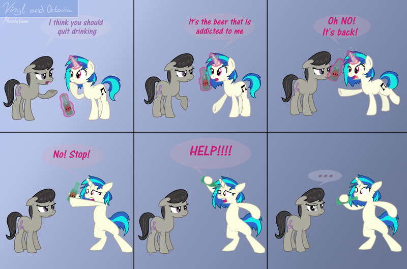 Size: 2116x1400 | Tagged: ..., alcohol, alcoholism, artist:maedel2000, bottle, comic, cyanide & happiness, derpibooru import, octavia is not amused, octavia melody, safe, unamused, vinyl scratch