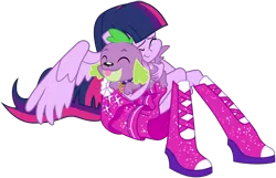Size: 5444x3500 | Tagged: safe, artist:missgoldendragon, derpibooru import, spike, twilight sparkle, twilight sparkle (alicorn), alicorn, dog, equestria girls, equestria girls (movie), .svg available, absurd resolution, boots, clothes, cute, dress, duo, eyes closed, fall formal outfits, high heel boots, hug, inkscape, ponied up, ponyscape, shoes, simple background, sitting, spike the dog, squishy cheeks, tongue out, transparent background, twiabetes, vector