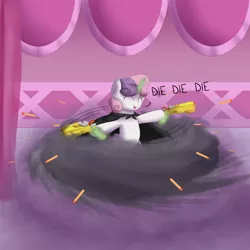 Size: 2000x2000 | Tagged: artist:vanillaghosties, death blossom, derpibooru import, die die die, nerf gun, overwatch, reaper (overwatch), safe, solo, sweetie belle