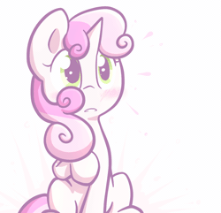 Size: 800x771 | Tagged: safe, artist:spikedmauler, derpibooru import, sweetie belle, pony, unicorn, animated, blushing, cute, dialogue, diasweetes, embarrassed, female, filly, go ask sweetie belle, i'm not cute, simple background, solo
