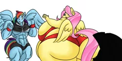 Size: 1280x640 | Tagged: suggestive, artist:mad'n evil, derpibooru import, part of a set, fluttershy, rainbow dash, zecora, anthro, bat pony, zebra, abs, ass, bbw, belly, big belly, big breasts, bra, breasts, busty fluttershy, butt, chubby cheeks, clothes, diet gum, expansion, fat, fattershy, female, flutterbat, flutterbutt, growth, huge breasts, huge butt, implied zecora, impossibly large breasts, impossibly large butt, large butt, looking back, missing cutie mark, morbidly obese, muscle expansion, muscles, obese, panties, part of a series, race swap, rainbuff dash, sideboob, simple background, spread wings, ssbbw, the ass was fat, thighs, thunder thighs, underboob, underwear, wardrobe malfunction, weight gain, white background, wide hips, wings